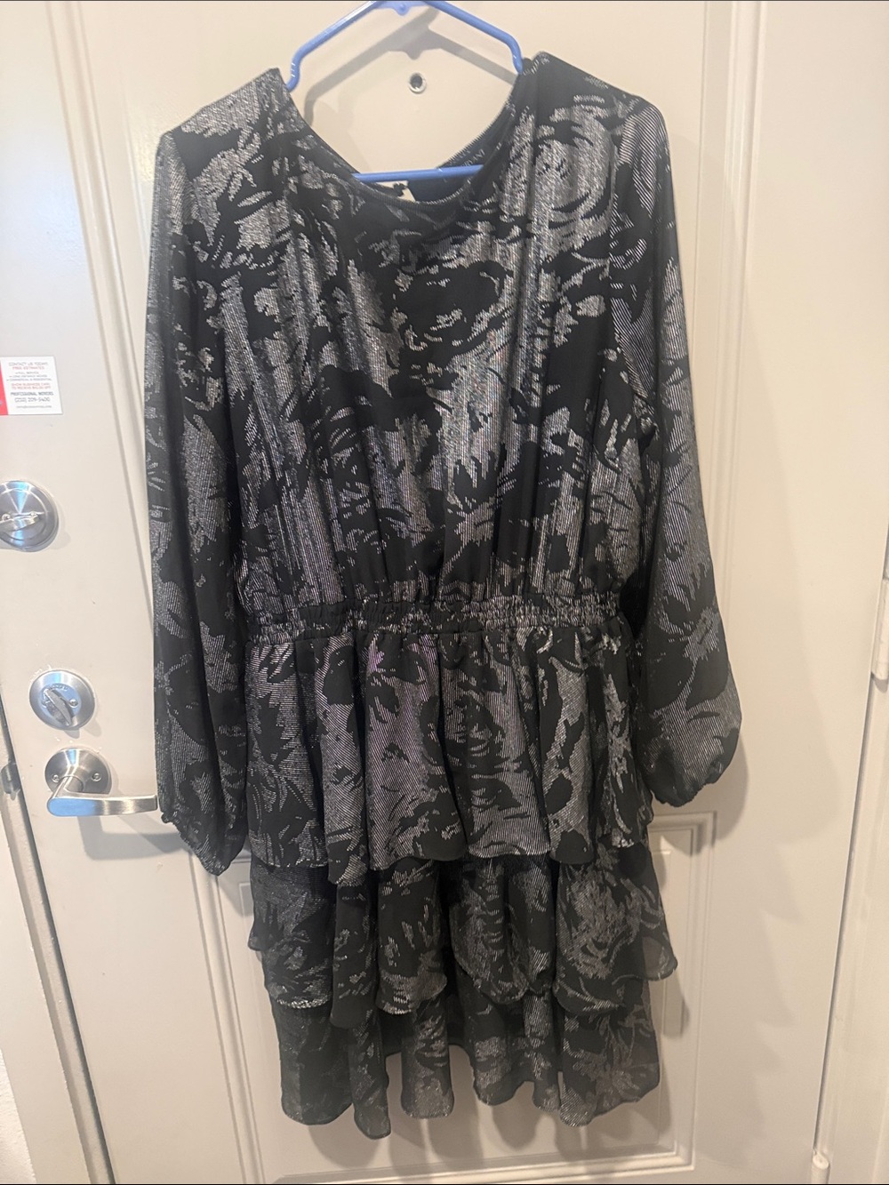 Lane Bryant Black and Silver Metallic Floral Long-Sleeve Tiered Dress